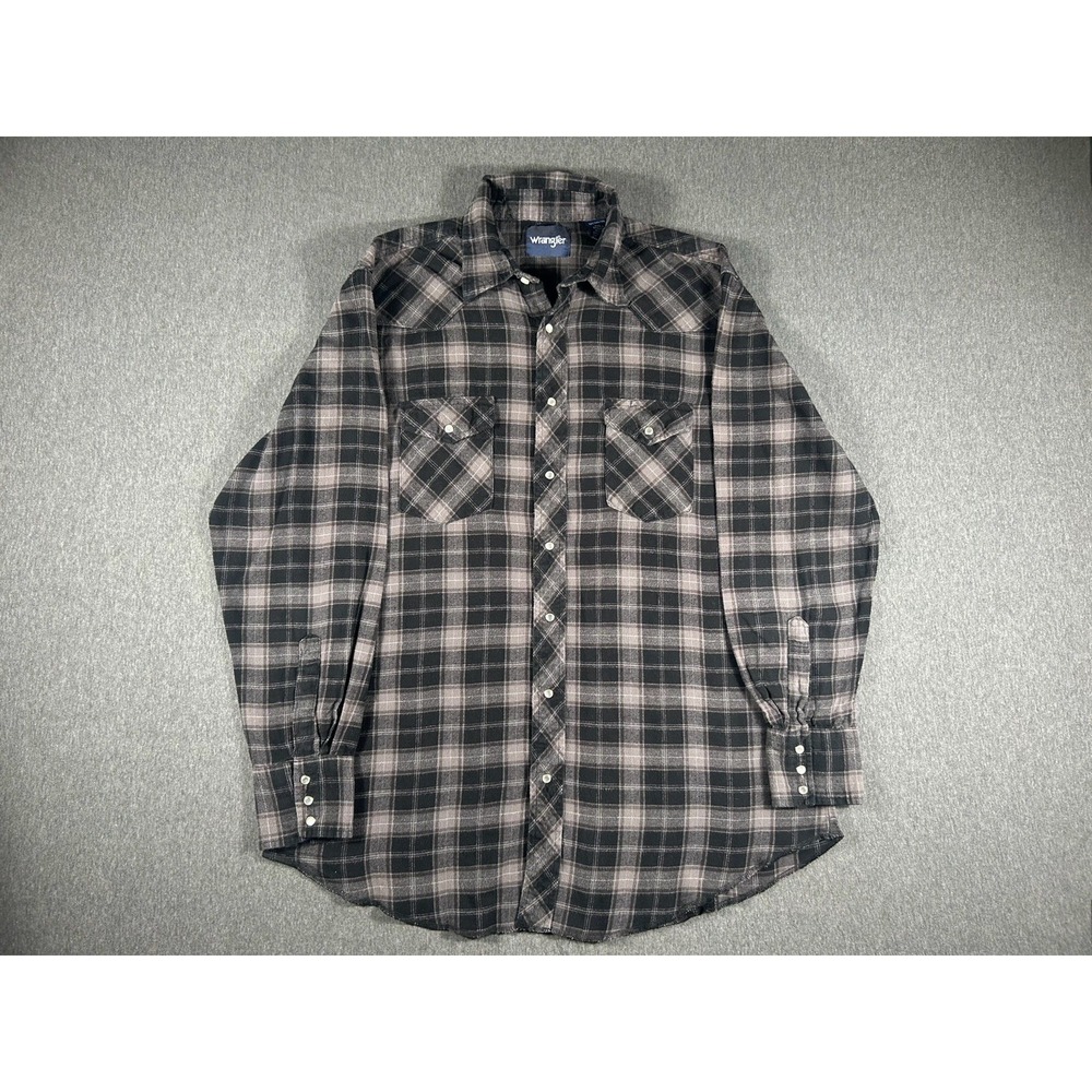 Wrangler Men's Black & Grey Plaid Western Snap‎ Flannel Shirt Size XLT